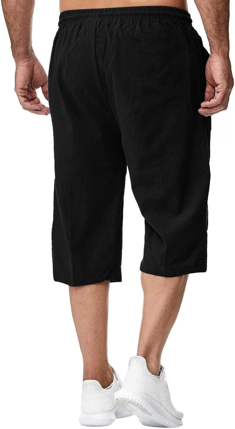 3/4 Leg Shorts for Men Summer Pockets Drawstring Elastic Waist Fit Breathable Athletic Joggers Comfy Fashion Trousers