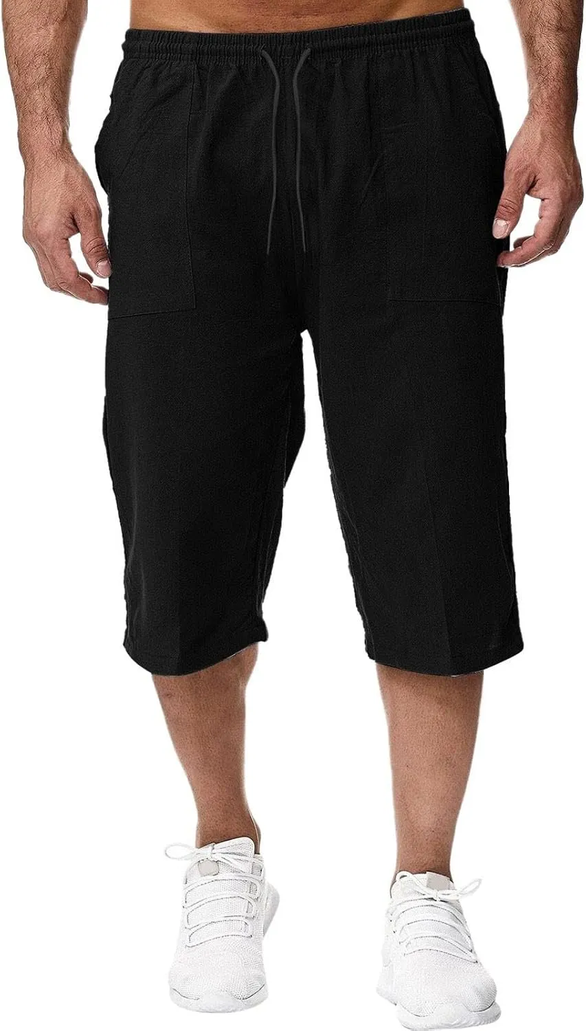 3/4 Leg Shorts for Men Summer Pockets Drawstring Elastic Waist Fit Breathable Athletic Joggers Comfy Fashion Trousers