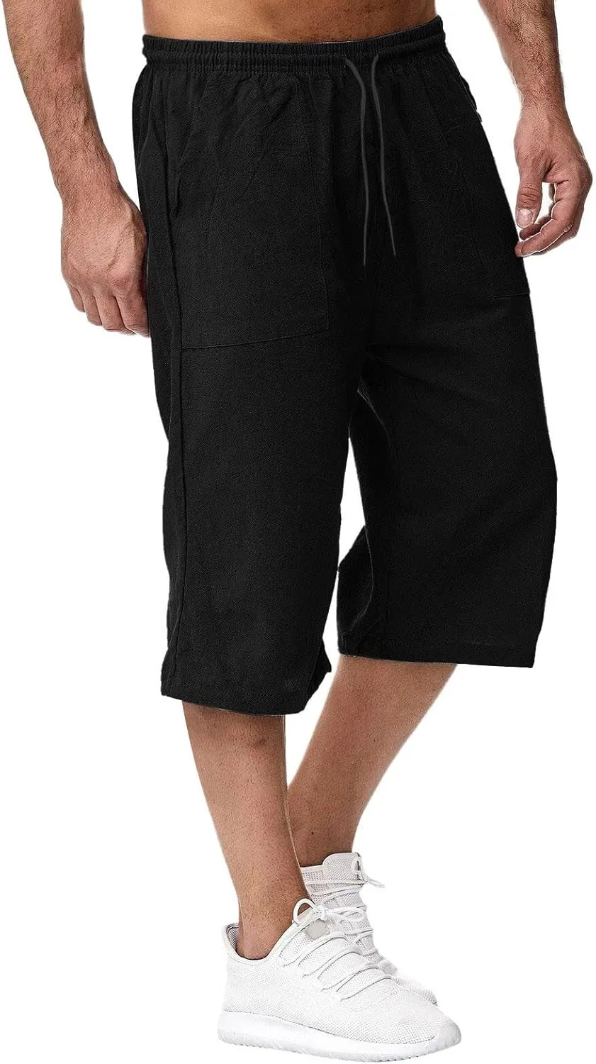 3/4 Leg Shorts for Men Summer Pockets Drawstring Elastic Waist Fit Breathable Athletic Joggers Comfy Fashion Trousers