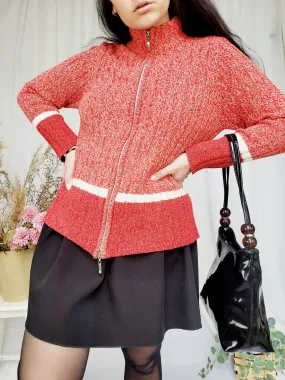 90s pink red jazzy knit minimalist prep grunge zip cardigan
