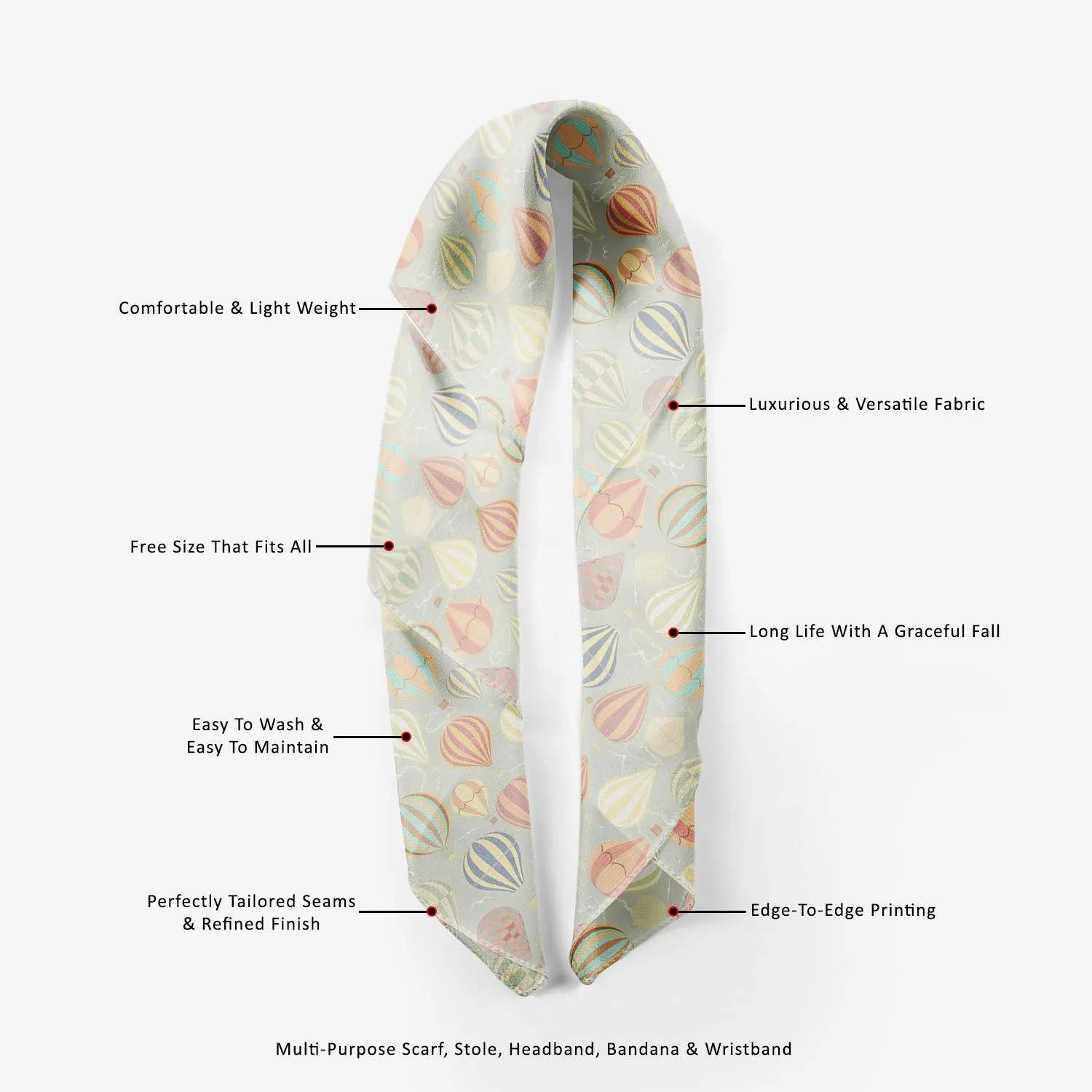 Air Balloons Printed Stole Dupatta Headwear | Girls & Women | Soft Poly Fabric