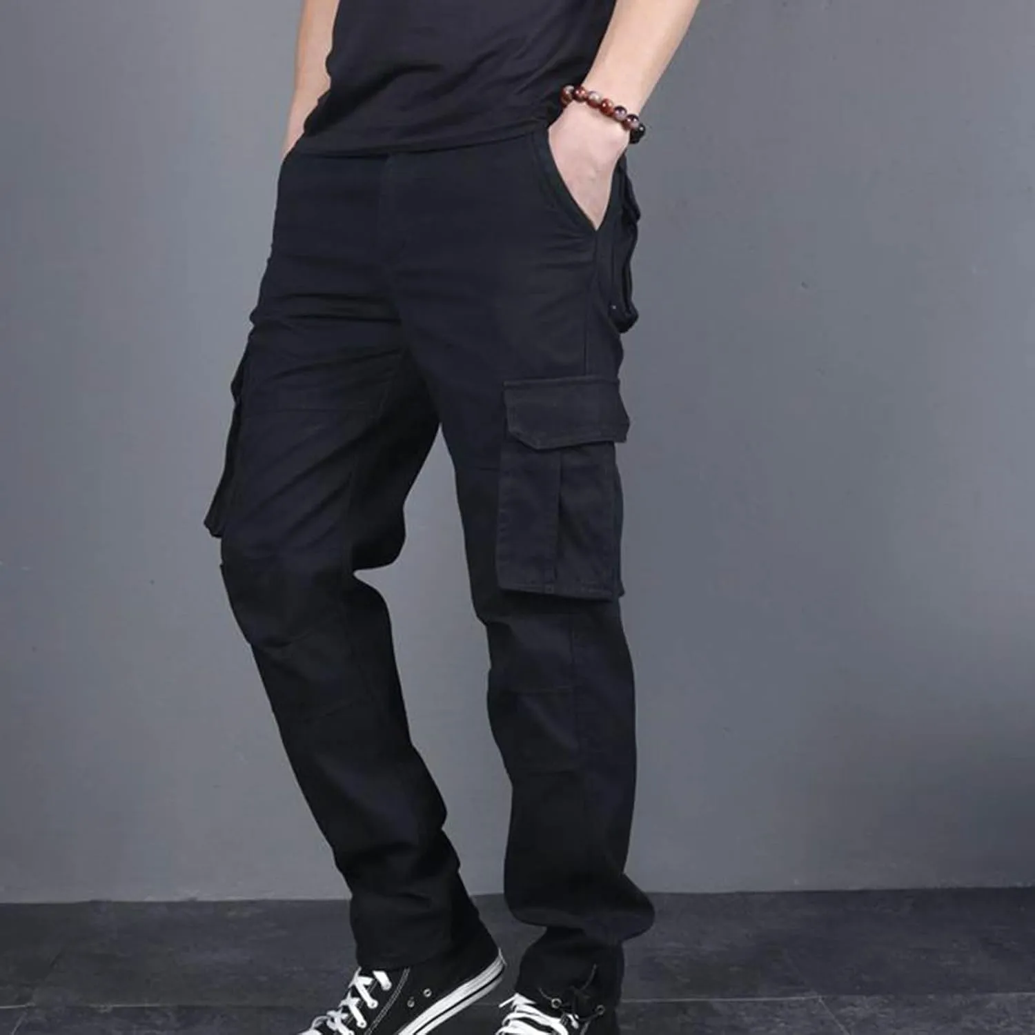 Aymnlox Mens Cotton Cargo Pants Elastic Waist Drawstring Tapered Joggers Sweatpants Casual Long Fashion Trousers with Pockets