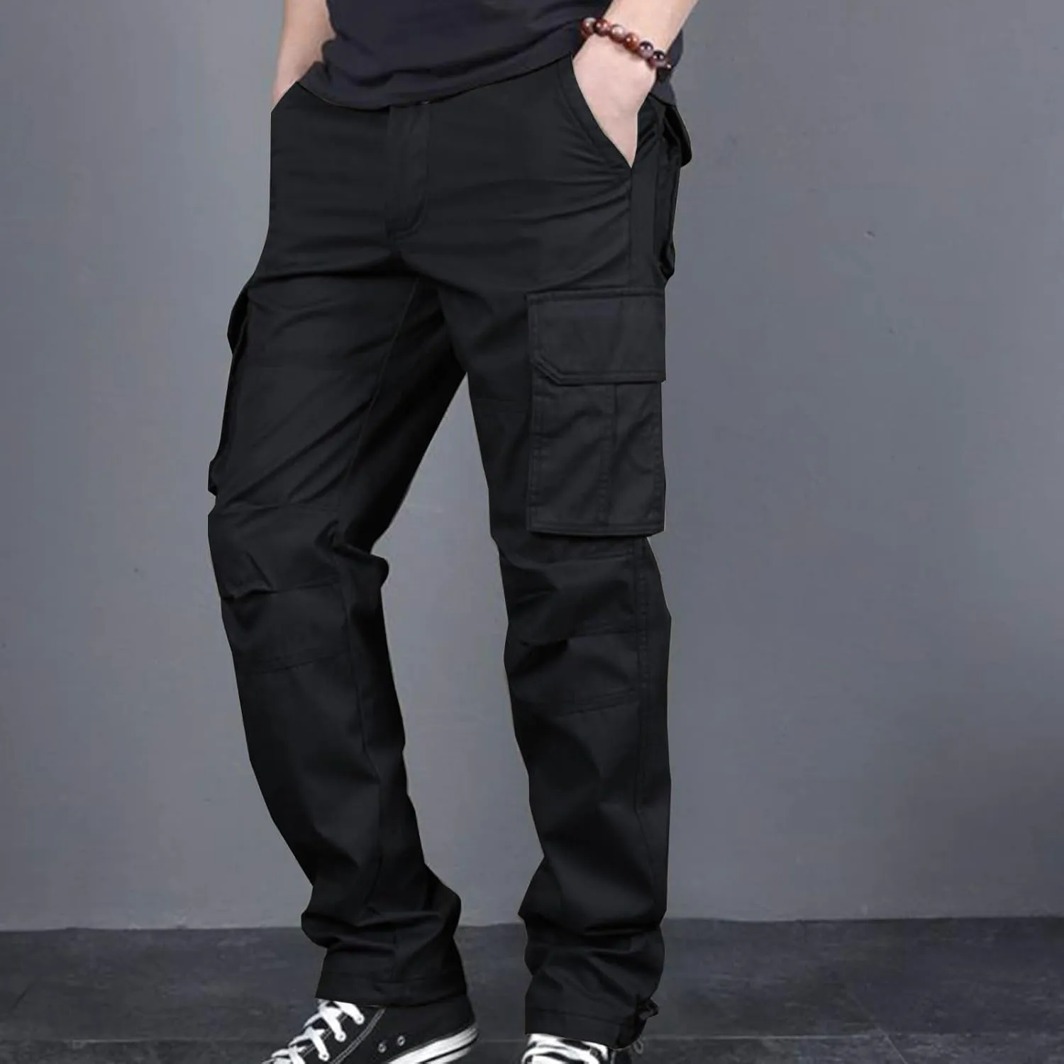 Aymnlox Mens Cotton Cargo Pants Elastic Waist Drawstring Tapered Joggers Sweatpants Casual Long Fashion Trousers with Pockets