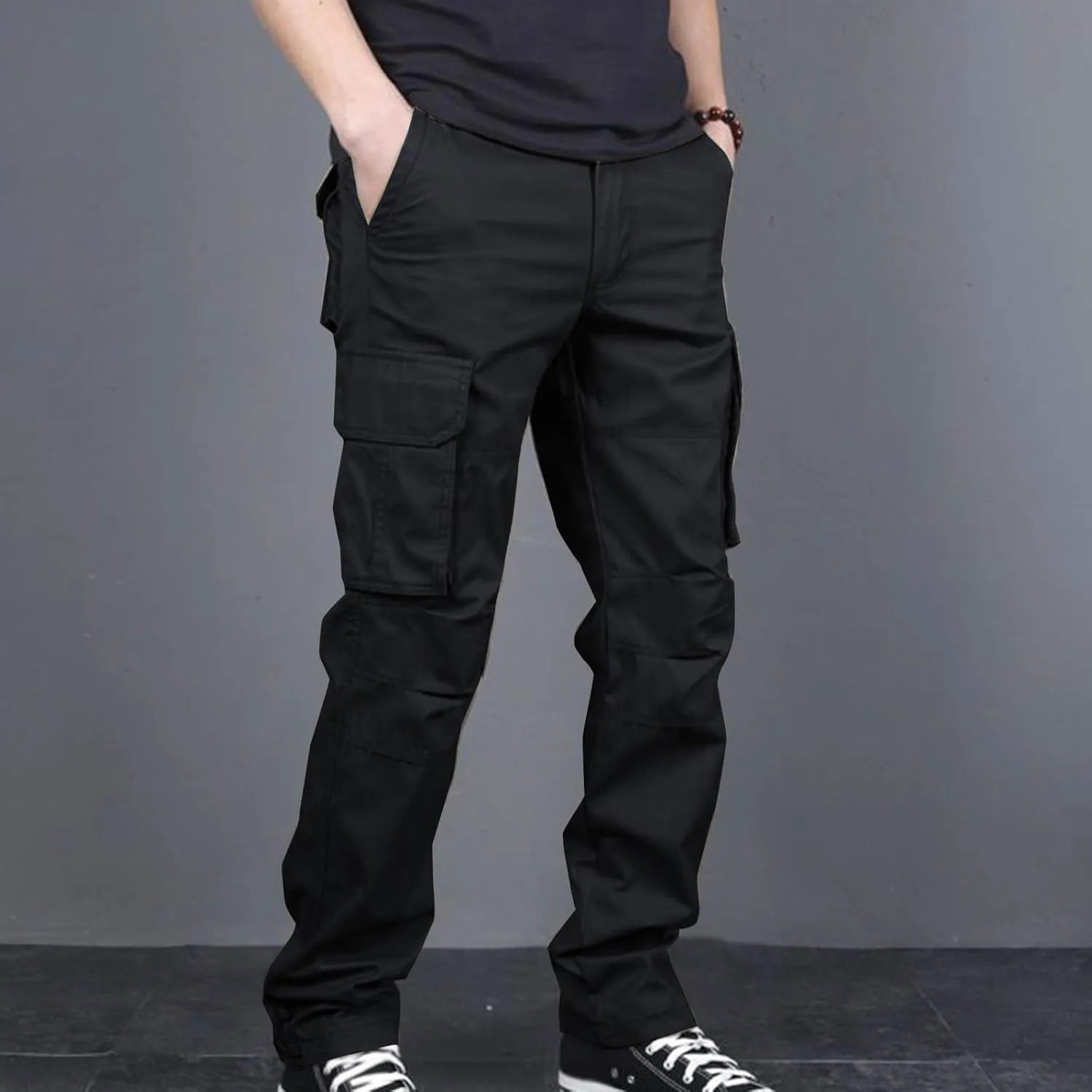 Aymnlox Mens Cotton Cargo Pants Elastic Waist Drawstring Tapered Joggers Sweatpants Casual Long Fashion Trousers with Pockets