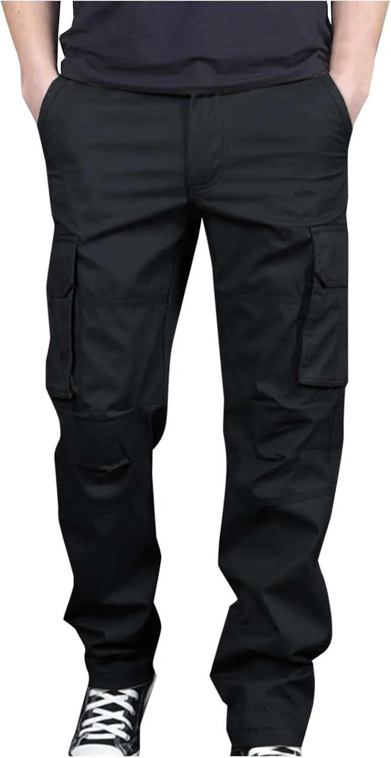 Aymnlox Mens Cotton Cargo Pants Elastic Waist Drawstring Tapered Joggers Sweatpants Casual Long Fashion Trousers with Pockets