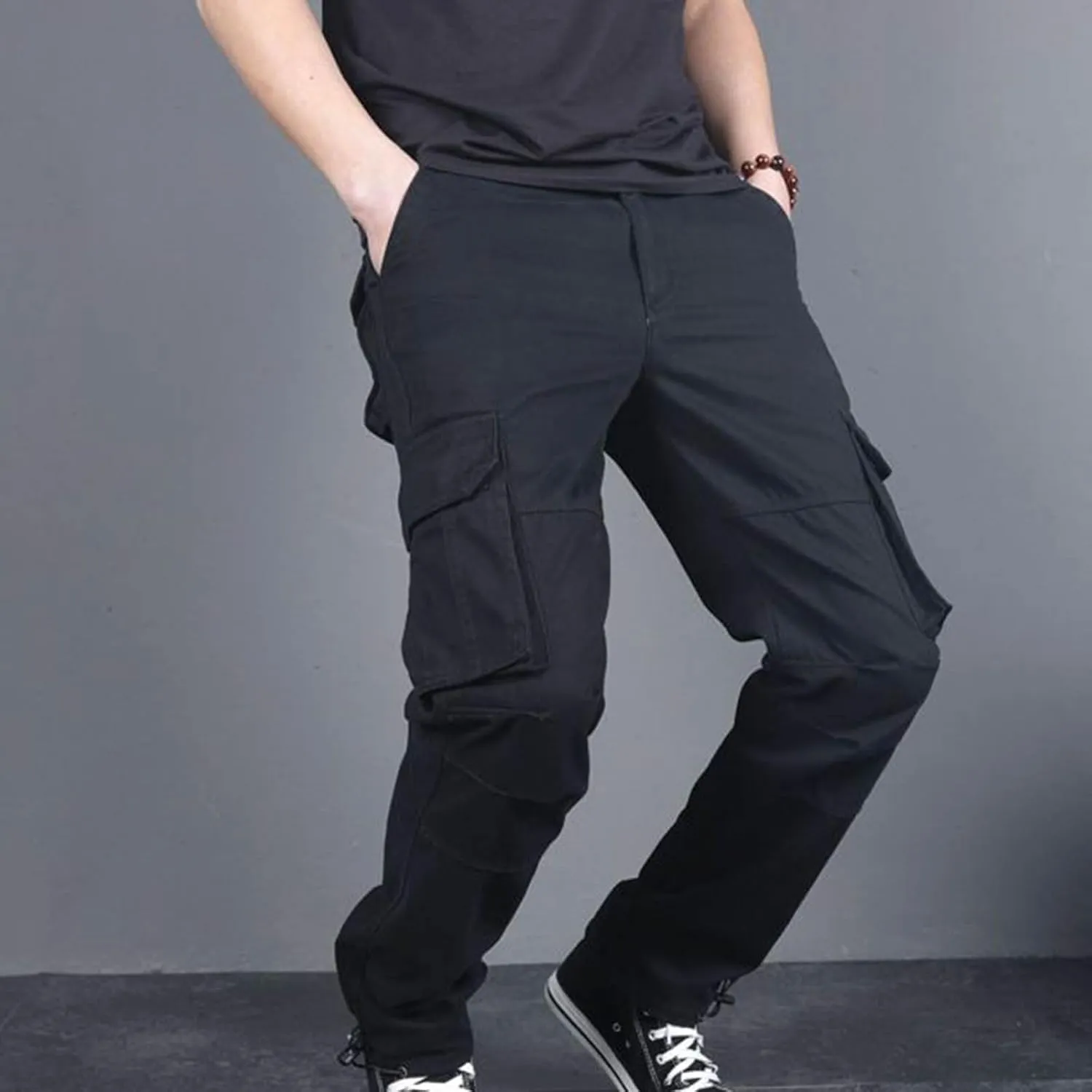 Aymnlox Mens Cotton Cargo Pants Elastic Waist Drawstring Tapered Joggers Sweatpants Casual Long Fashion Trousers with Pockets
