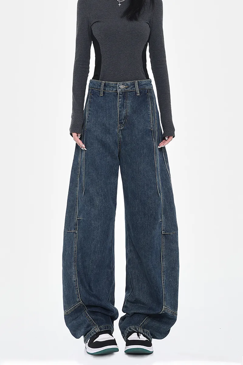 Baggy Low-Rise Wide-Leg Barrel Jeans - Fleece & Unlined