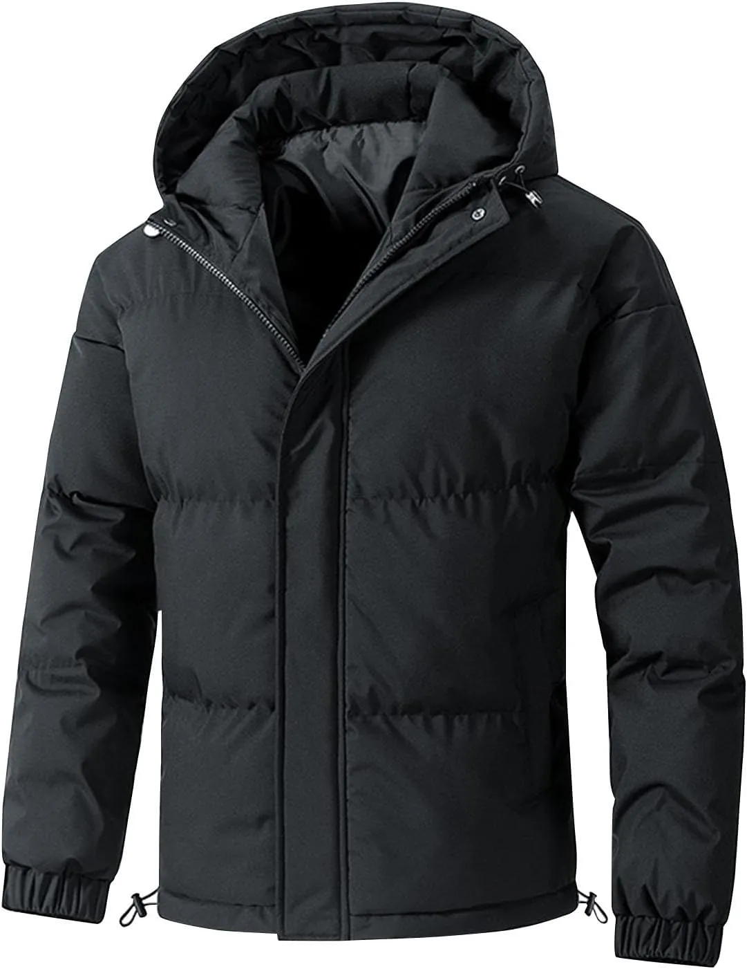 Big and Tall Winter Puffer Jackets for Men Hooded Zip Up Elastic Cuff Long Sleeve Padded Down Warm Coat with Pockets