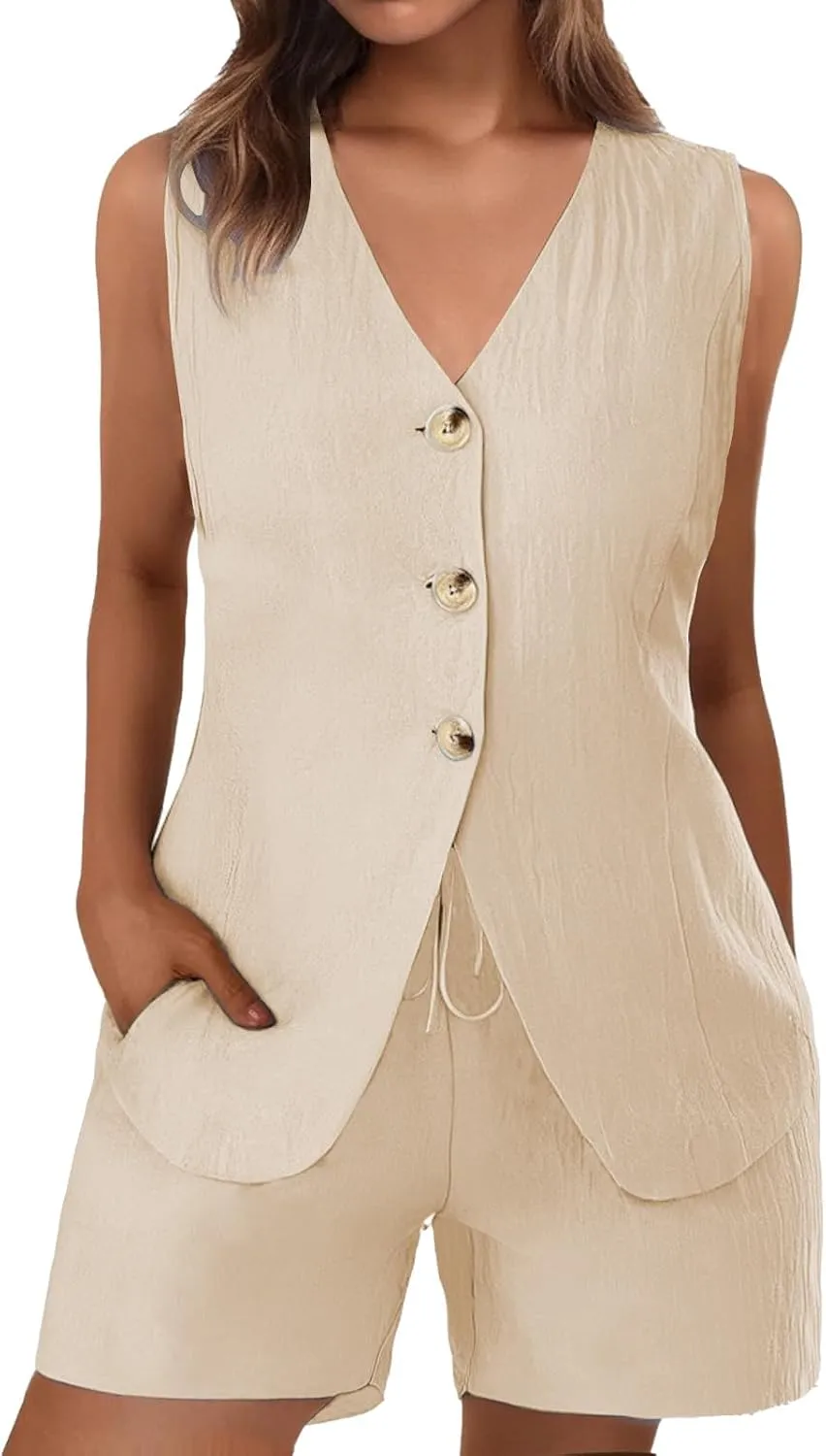 Blazer Vest Set for Women Short Suit Sets 2 Piece Button Down V Neck Vest Waistcoat and Shorts Business Outfits