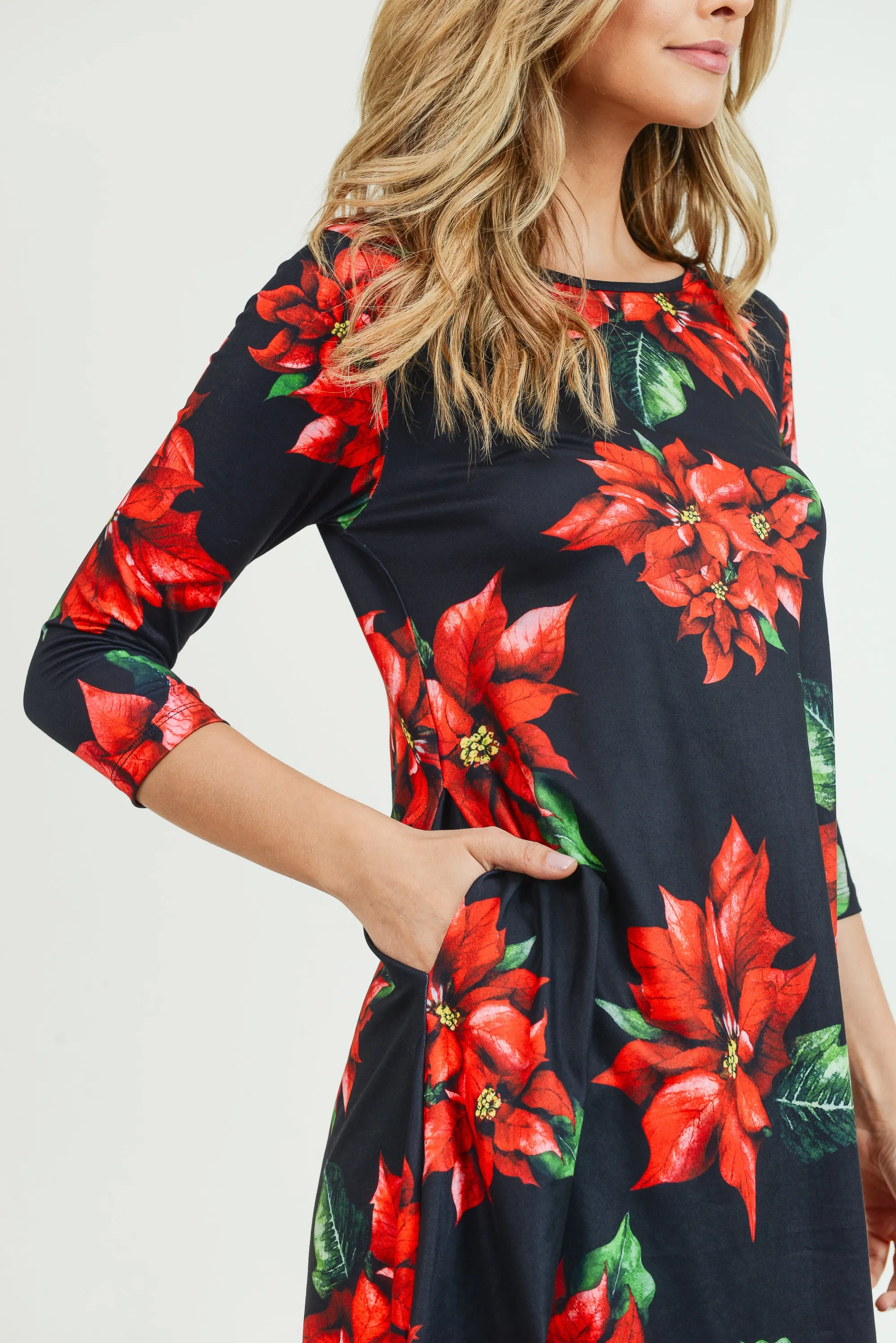 Blooming Poinsettia Christmas Dress with Pockets