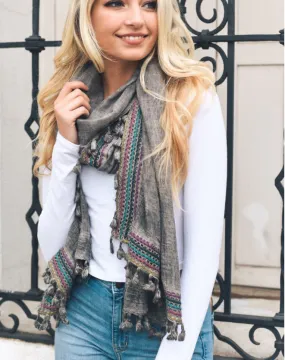 Boho Multi-Color Tassel Trim Grey Scarf