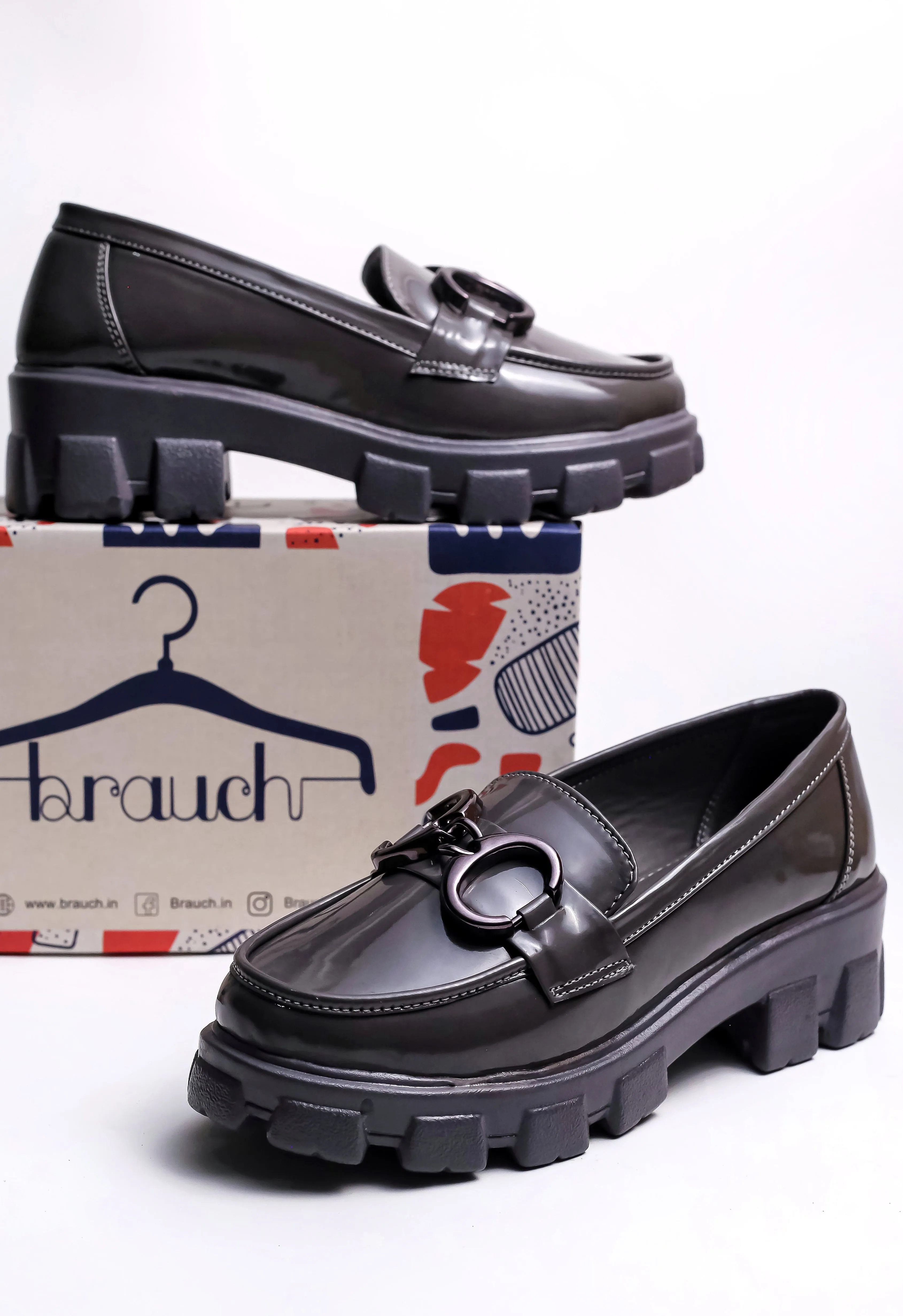 Brauch Grey Patent Embellished Loafer Shoe