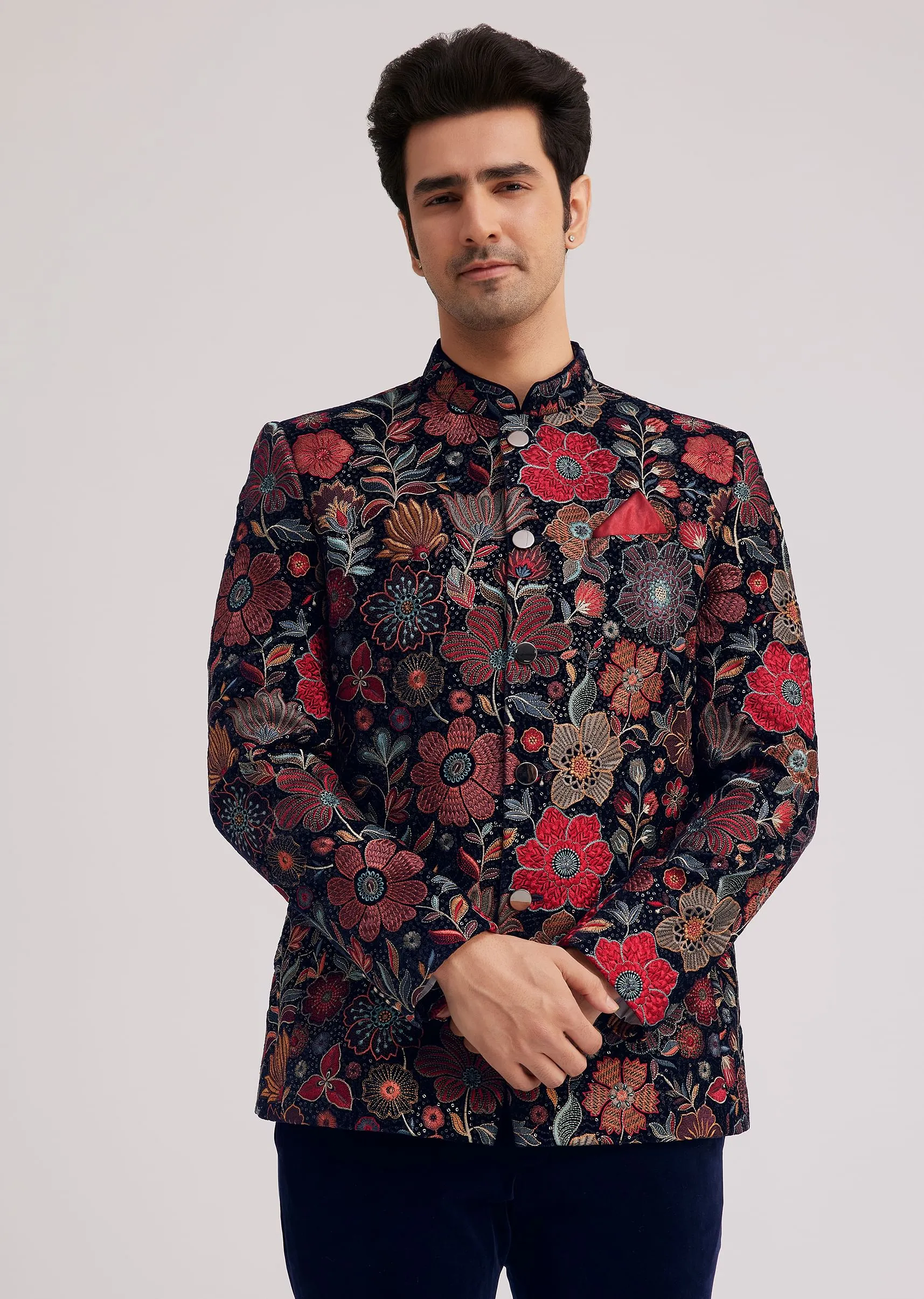 Coffee Brown Velvet Jodhpuri Set With Floral Embroidery