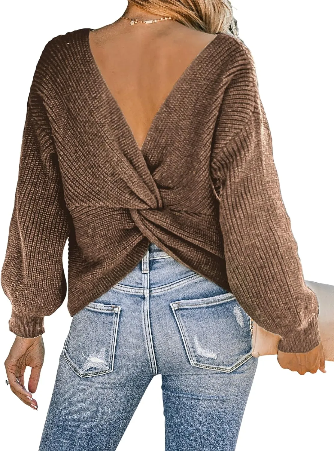 CUPSHE Womens Ribbed Knit Pullover Sweater 2024 Fall Long Sleeve Twist Back Crewneck Fashion Sweater Tops