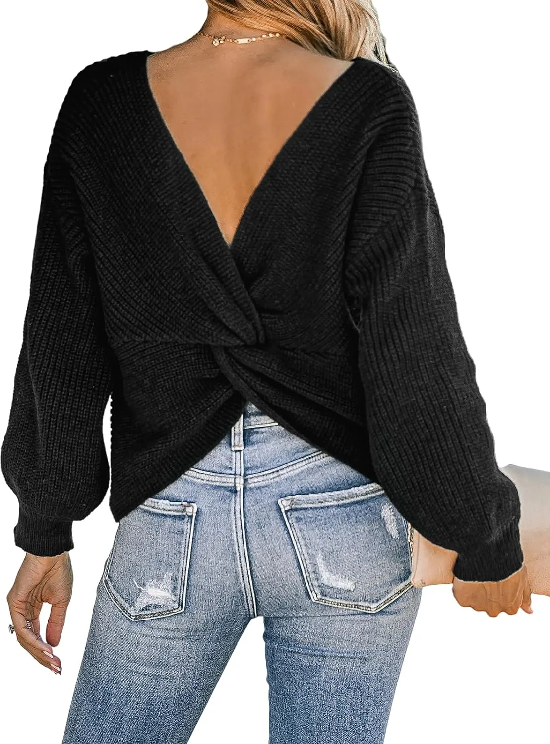 CUPSHE Womens Ribbed Knit Pullover Sweater 2024 Fall Long Sleeve Twist Back Crewneck Fashion Sweater Tops