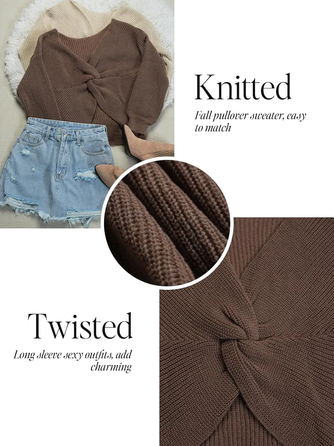 CUPSHE Womens Ribbed Knit Pullover Sweater 2024 Fall Long Sleeve Twist Back Crewneck Fashion Sweater Tops