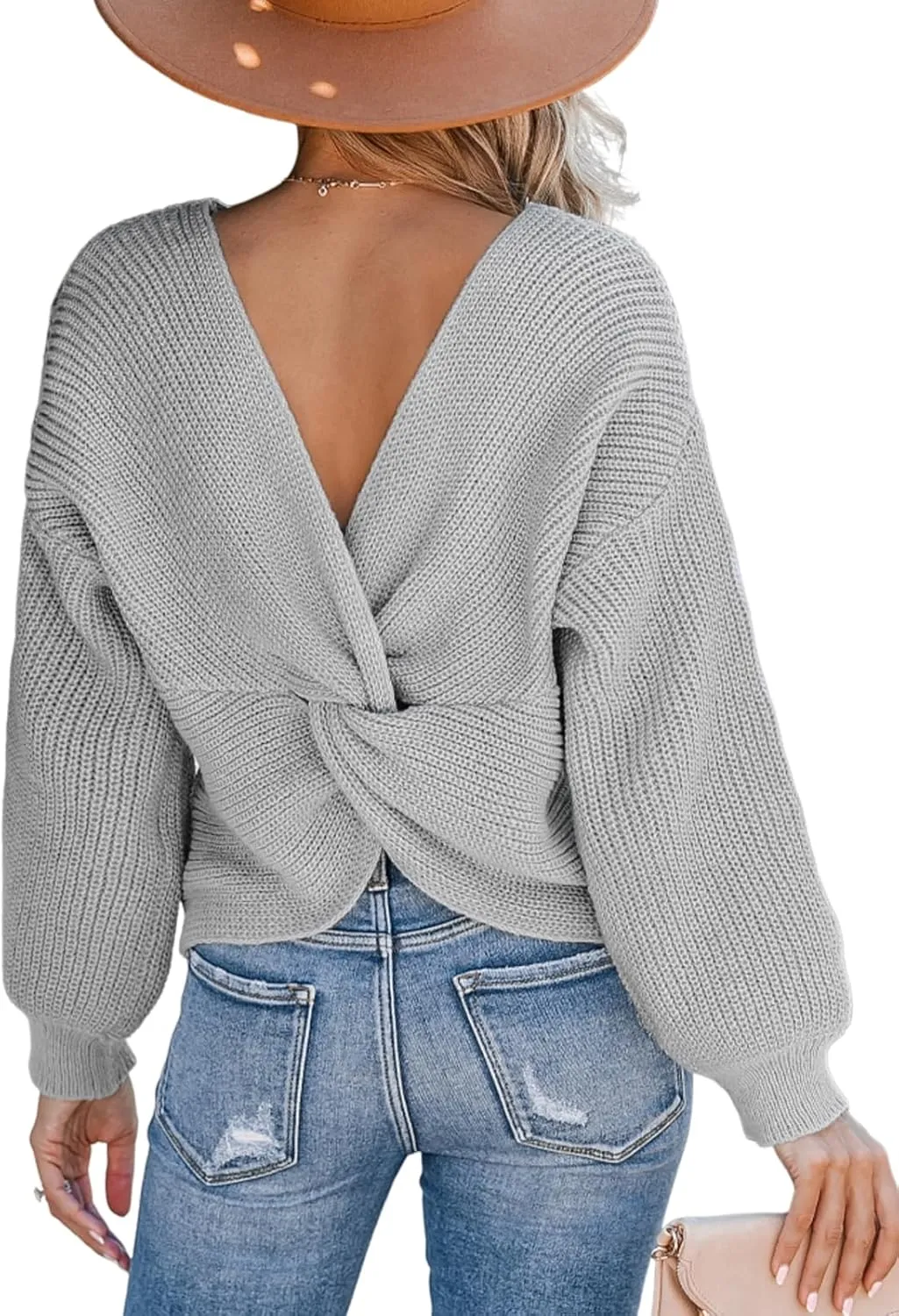 CUPSHE Womens Ribbed Knit Pullover Sweater 2024 Fall Long Sleeve Twist Back Crewneck Fashion Sweater Tops