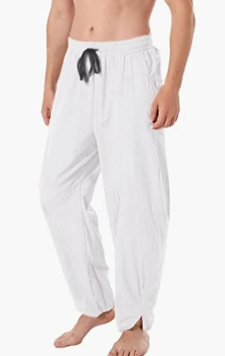 DGHM-JLMY Men's Linen Cotton Loose Fit Pants Solid Color Casual Trousers Lightweight Elastic Waist Summer Beach Pants