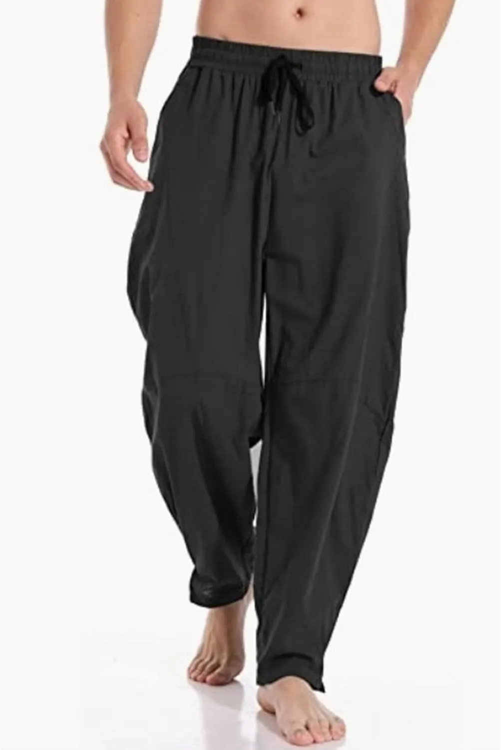 DGHM-JLMY Men's Linen Cotton Loose Fit Pants Solid Color Casual Trousers Lightweight Elastic Waist Summer Beach Pants