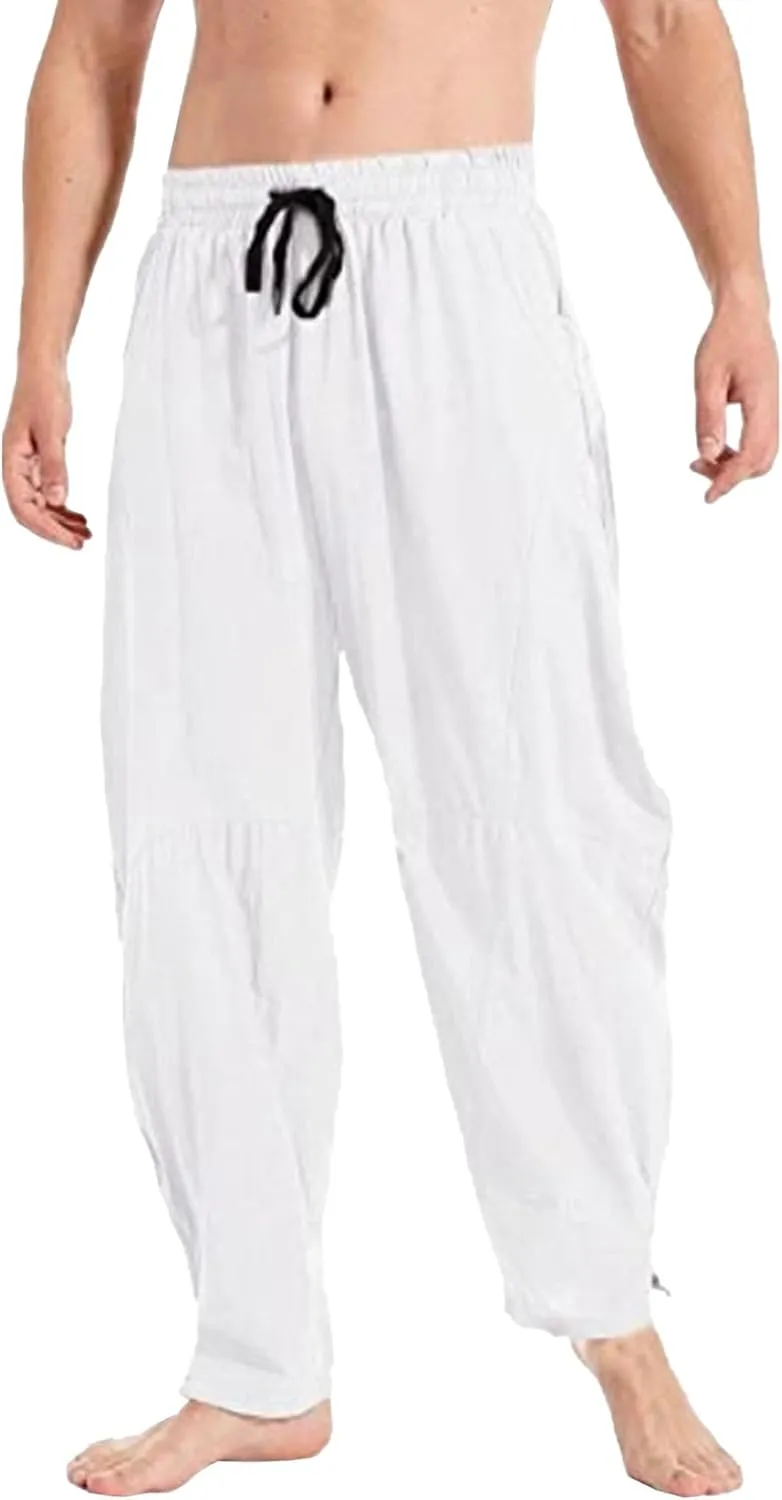 DGHM-JLMY Men's Linen Cotton Loose Fit Pants Solid Color Casual Trousers Lightweight Elastic Waist Summer Beach Pants