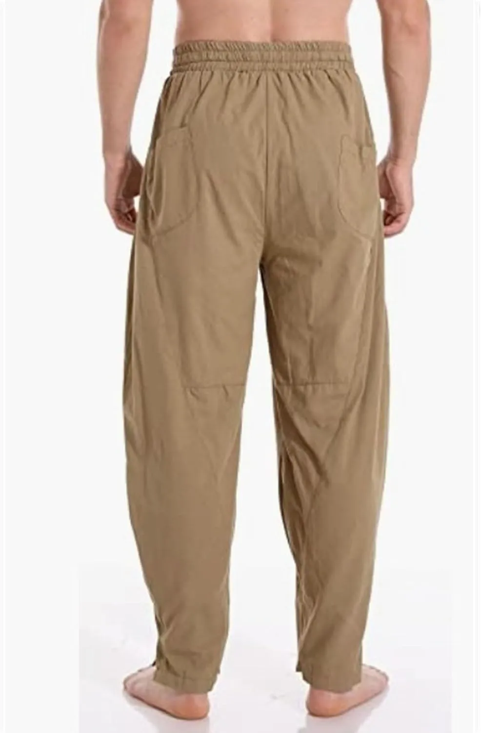 DGHM-JLMY Men's Linen Cotton Loose Fit Pants Solid Color Casual Trousers Lightweight Elastic Waist Summer Beach Pants