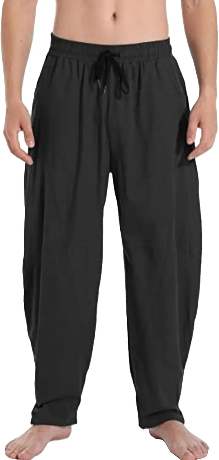 DGHM-JLMY Men's Linen Cotton Loose Fit Pants Solid Color Casual Trousers Lightweight Elastic Waist Summer Beach Pants