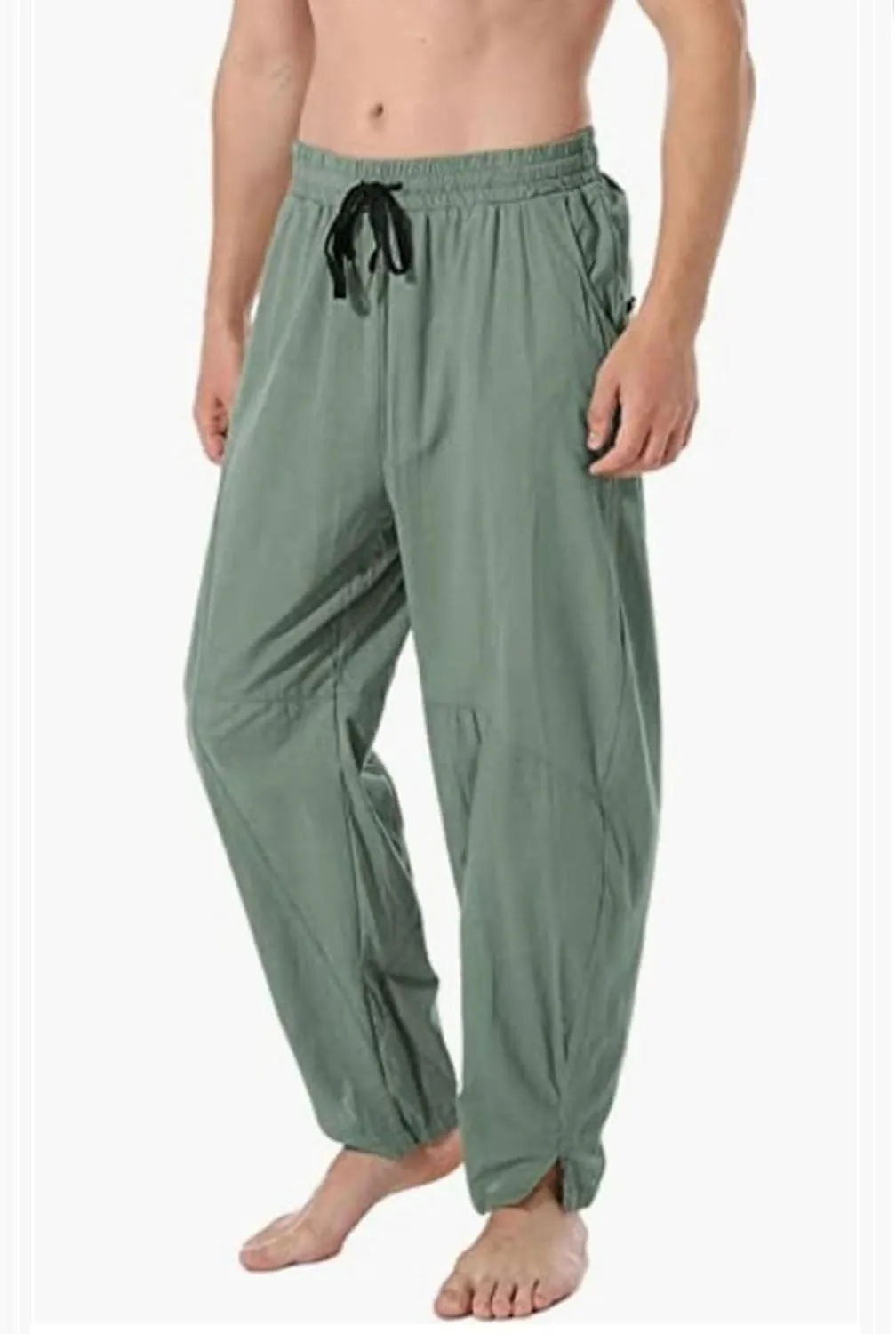 DGHM-JLMY Men's Linen Cotton Loose Fit Pants Solid Color Casual Trousers Lightweight Elastic Waist Summer Beach Pants