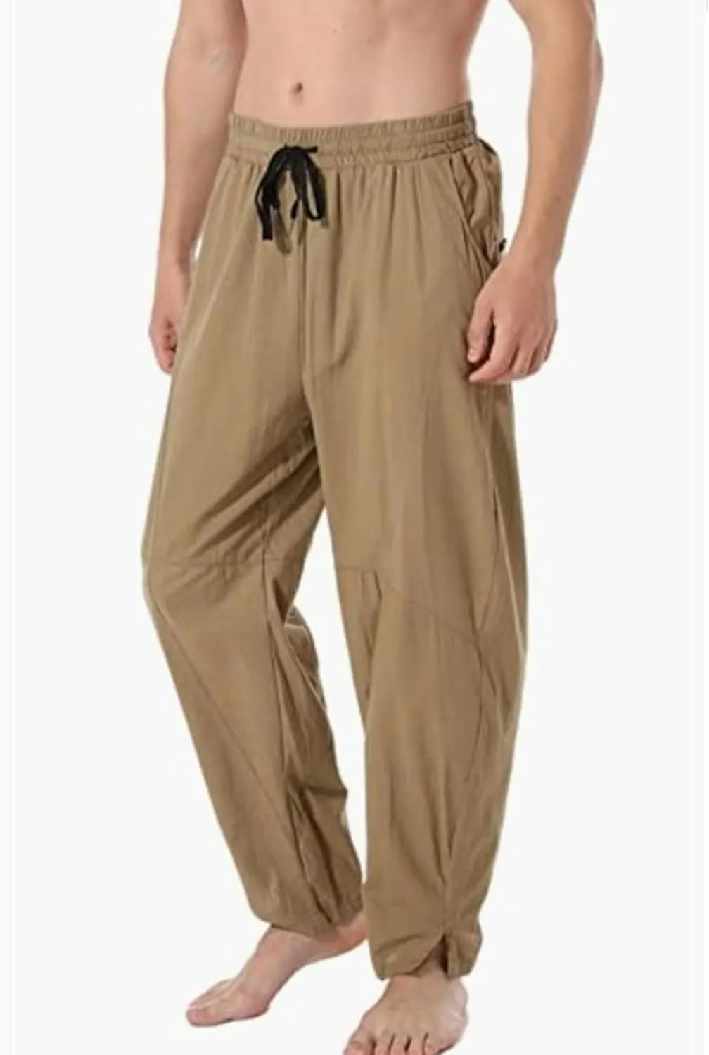 DGHM-JLMY Men's Linen Cotton Loose Fit Pants Solid Color Casual Trousers Lightweight Elastic Waist Summer Beach Pants