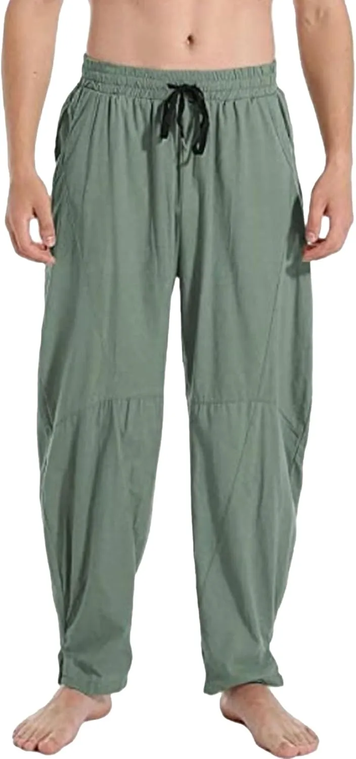 DGHM-JLMY Men's Linen Cotton Loose Fit Pants Solid Color Casual Trousers Lightweight Elastic Waist Summer Beach Pants