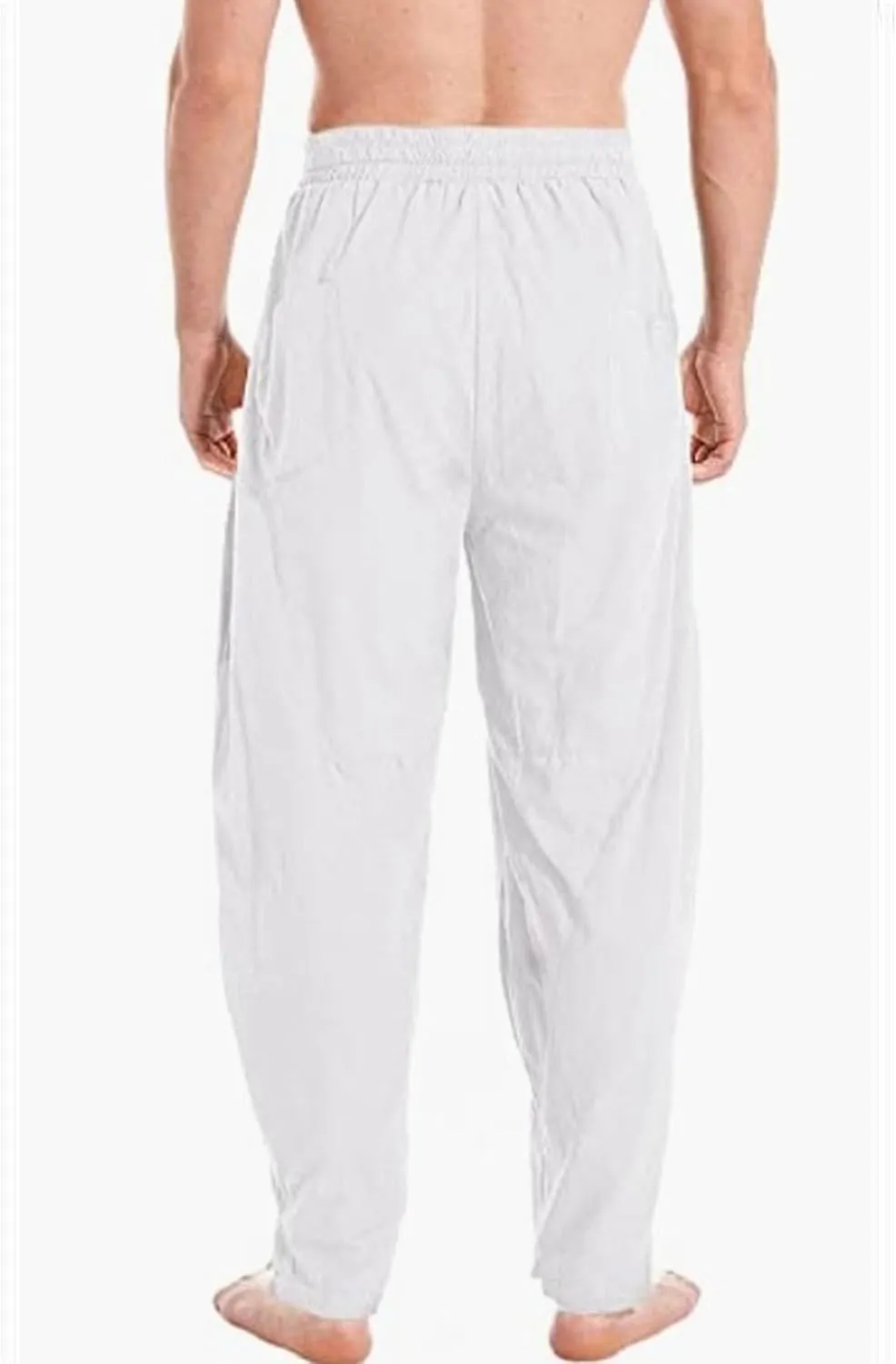 DGHM-JLMY Men's Linen Cotton Loose Fit Pants Solid Color Casual Trousers Lightweight Elastic Waist Summer Beach Pants