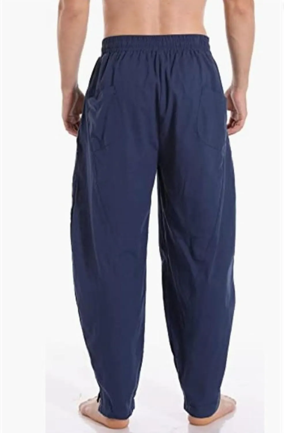 DGHM-JLMY Men's Linen Cotton Loose Fit Pants Solid Color Casual Trousers Lightweight Elastic Waist Summer Beach Pants