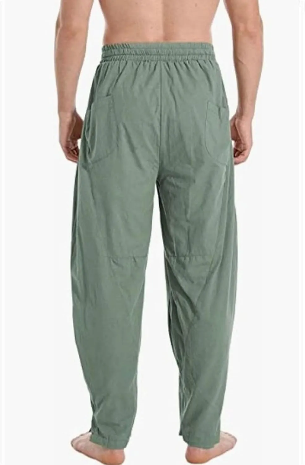 DGHM-JLMY Men's Linen Cotton Loose Fit Pants Solid Color Casual Trousers Lightweight Elastic Waist Summer Beach Pants