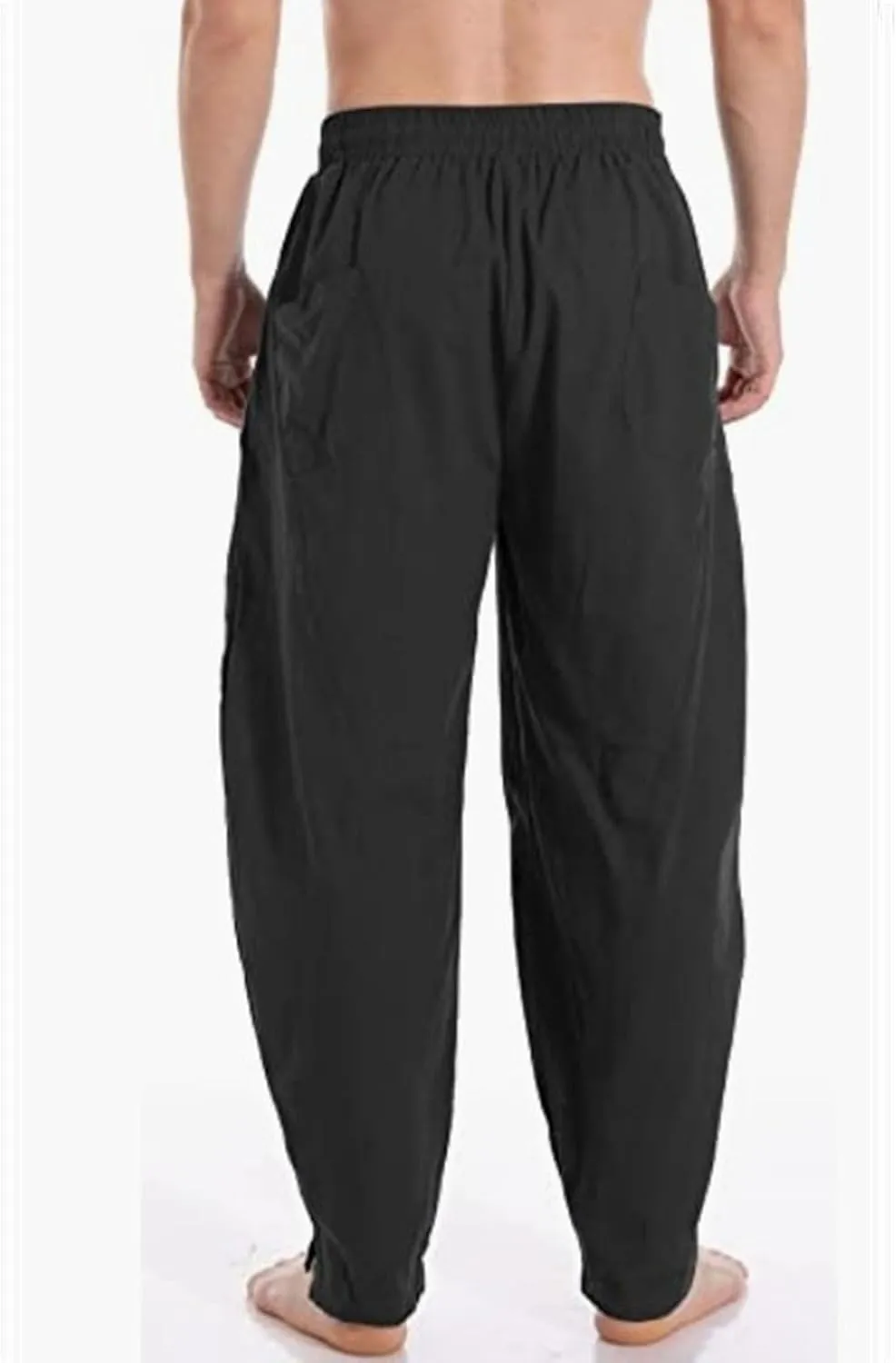 DGHM-JLMY Men's Linen Cotton Loose Fit Pants Solid Color Casual Trousers Lightweight Elastic Waist Summer Beach Pants
