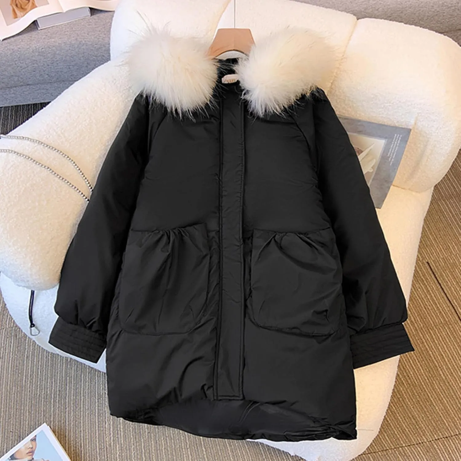 Down Jackets for Women 2024 Winter Long Sleeve Zip Puffer Jacket Outwear Baggy Padded Down Coats with Faux Fur Hood