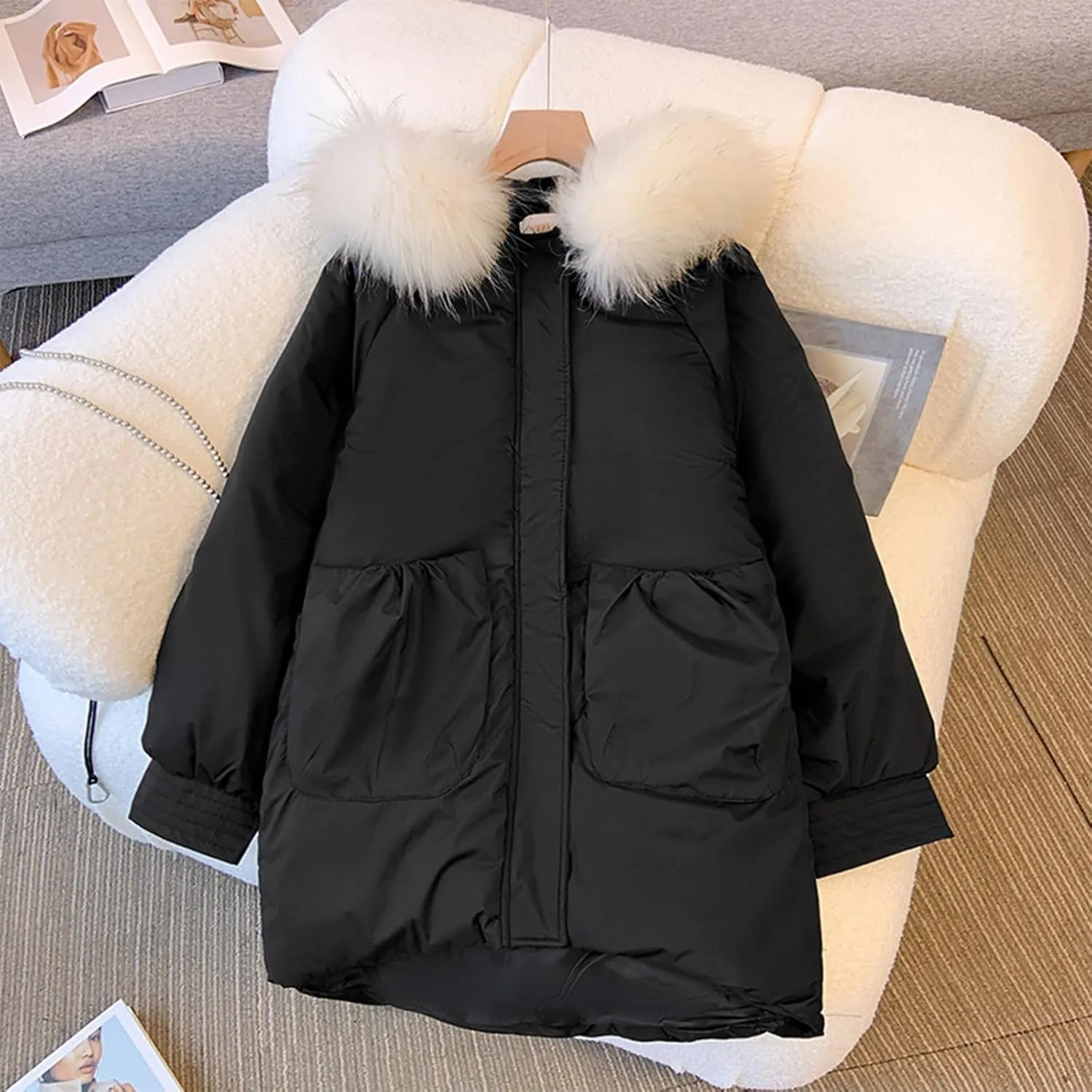Down Jackets for Women 2024 Winter Long Sleeve Zip Puffer Jacket Outwear Baggy Padded Down Coats with Faux Fur Hood