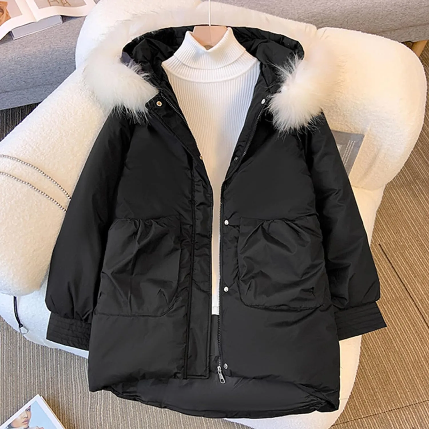 Down Jackets for Women 2024 Winter Long Sleeve Zip Puffer Jacket Outwear Baggy Padded Down Coats with Faux Fur Hood