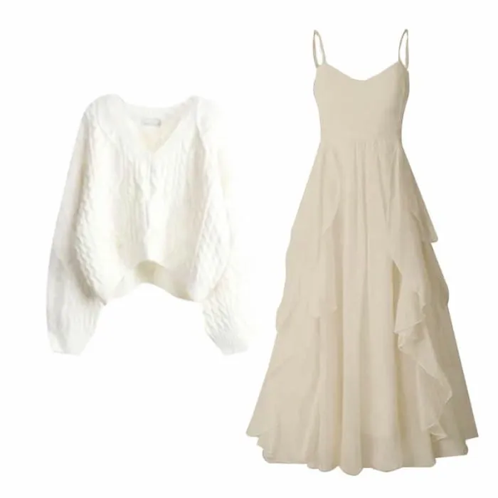 Elegant Cable Knit Sweater Flouncing Slip Dress Set