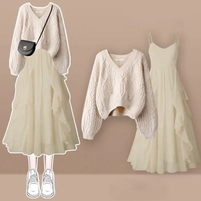 Elegant Cable Knit Sweater Flouncing Slip Dress Set