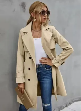 Fashion Women Trench Coat Solid Color Casual Fashion Coat Long Lapel Neck Double Breasted Coat   1018