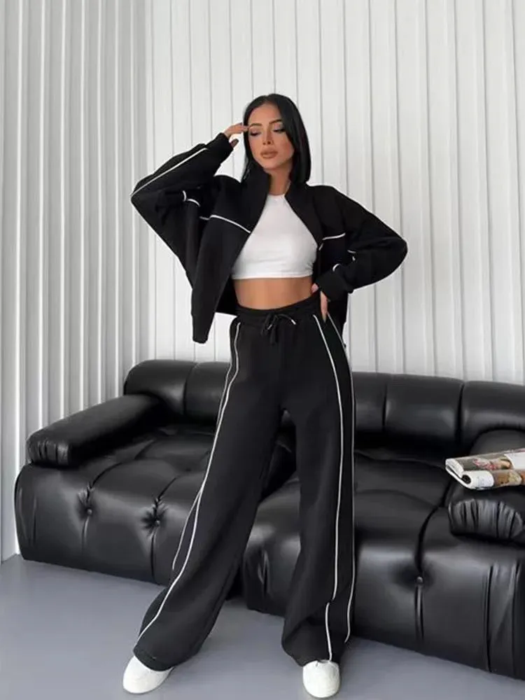 Fashionkova 2024 New Casual Set Longsleeved Half High Collar Cardigan Sweater Lace up Striped Pants Women Clothing Casual Two Piece Suits