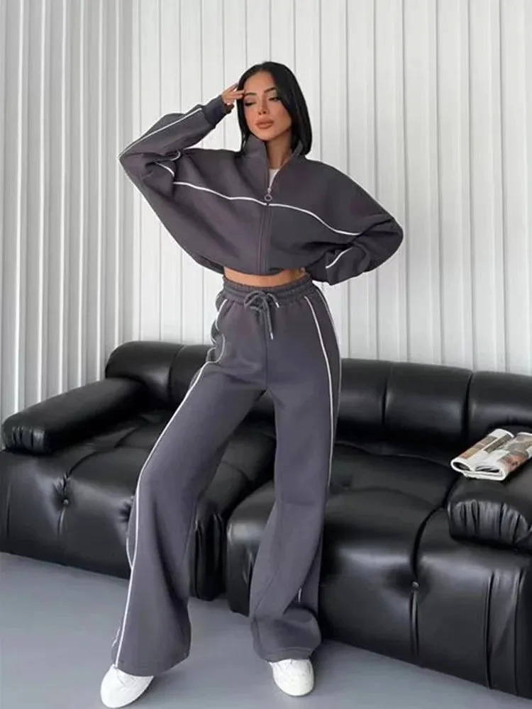 Fashionkova 2024 New Casual Set Longsleeved Half High Collar Cardigan Sweater Lace up Striped Pants Women Clothing Casual Two Piece Suits