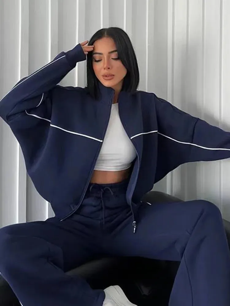 Fashionkova 2024 New Casual Set Longsleeved Half High Collar Cardigan Sweater Lace up Striped Pants Women Clothing Casual Two Piece Suits