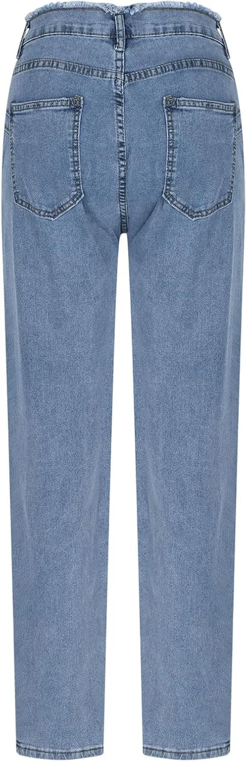 FZYLQY Plus Size Womens High Waisted Skinny Jeans Destroyed Ripped Hole Denim Pants Long Stretch Pencil Pants with Pockets