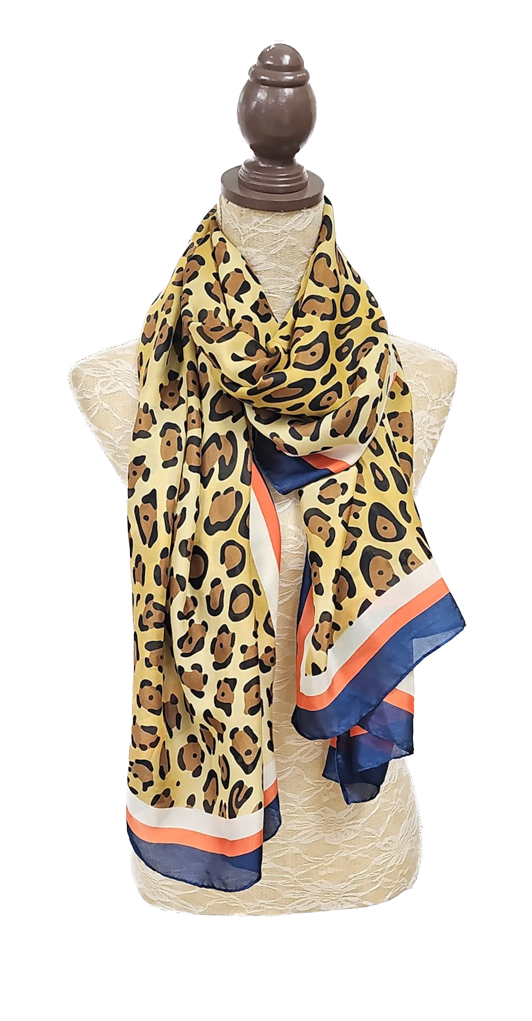 Gold Leopard Print Silk Navy Trimmed Scarf