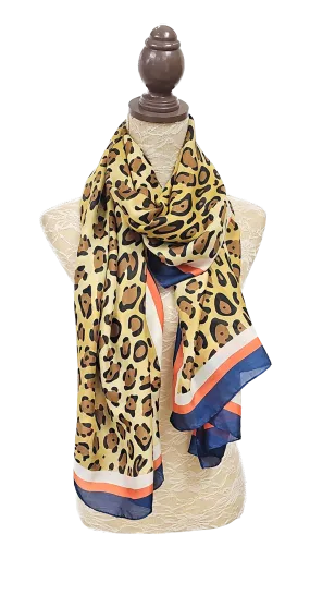 Gold Leopard Print Silk Navy Trimmed Scarf