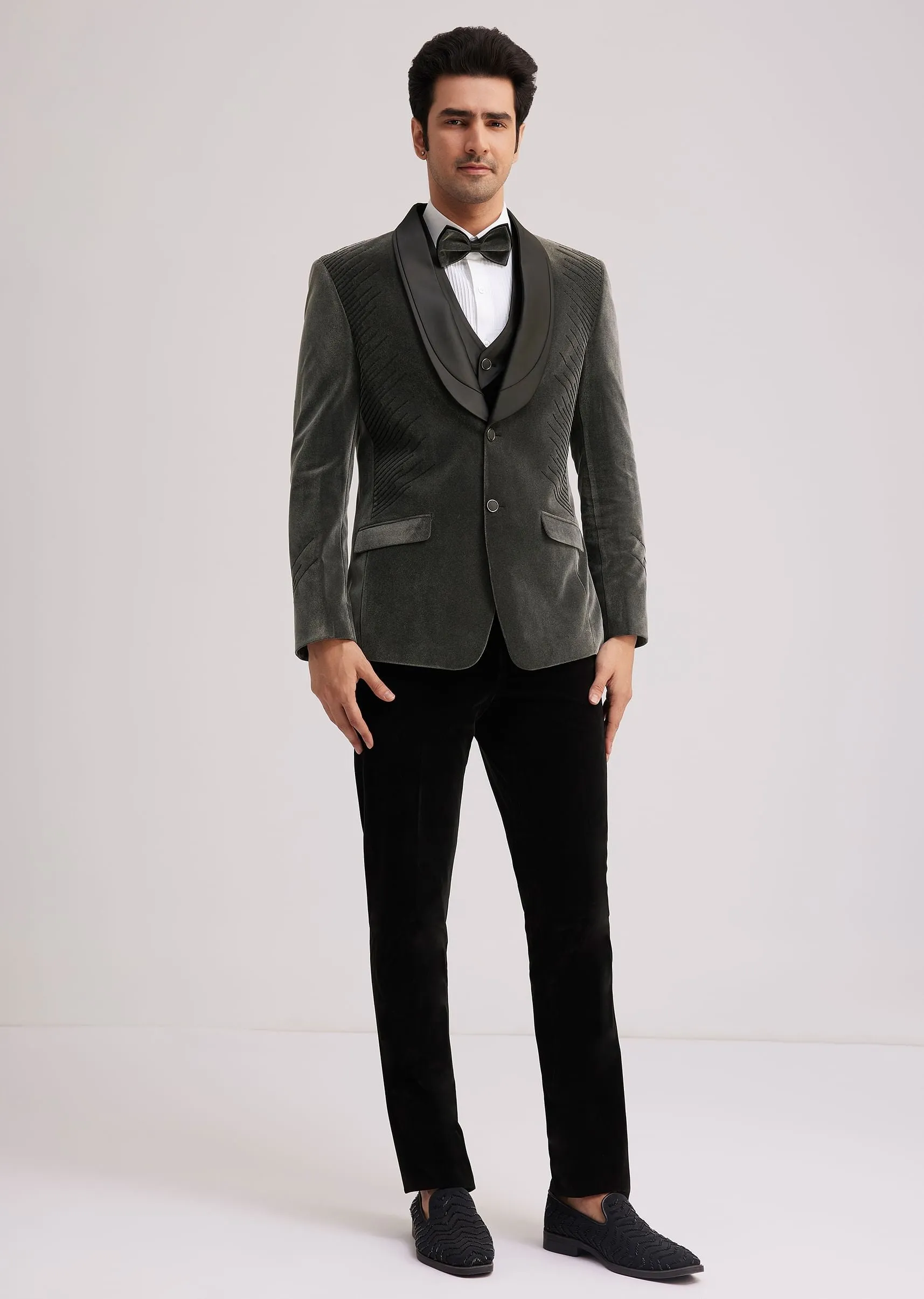 Grey Velvet Tuxedo With Satin Layered Lapel And Cut Dana Work