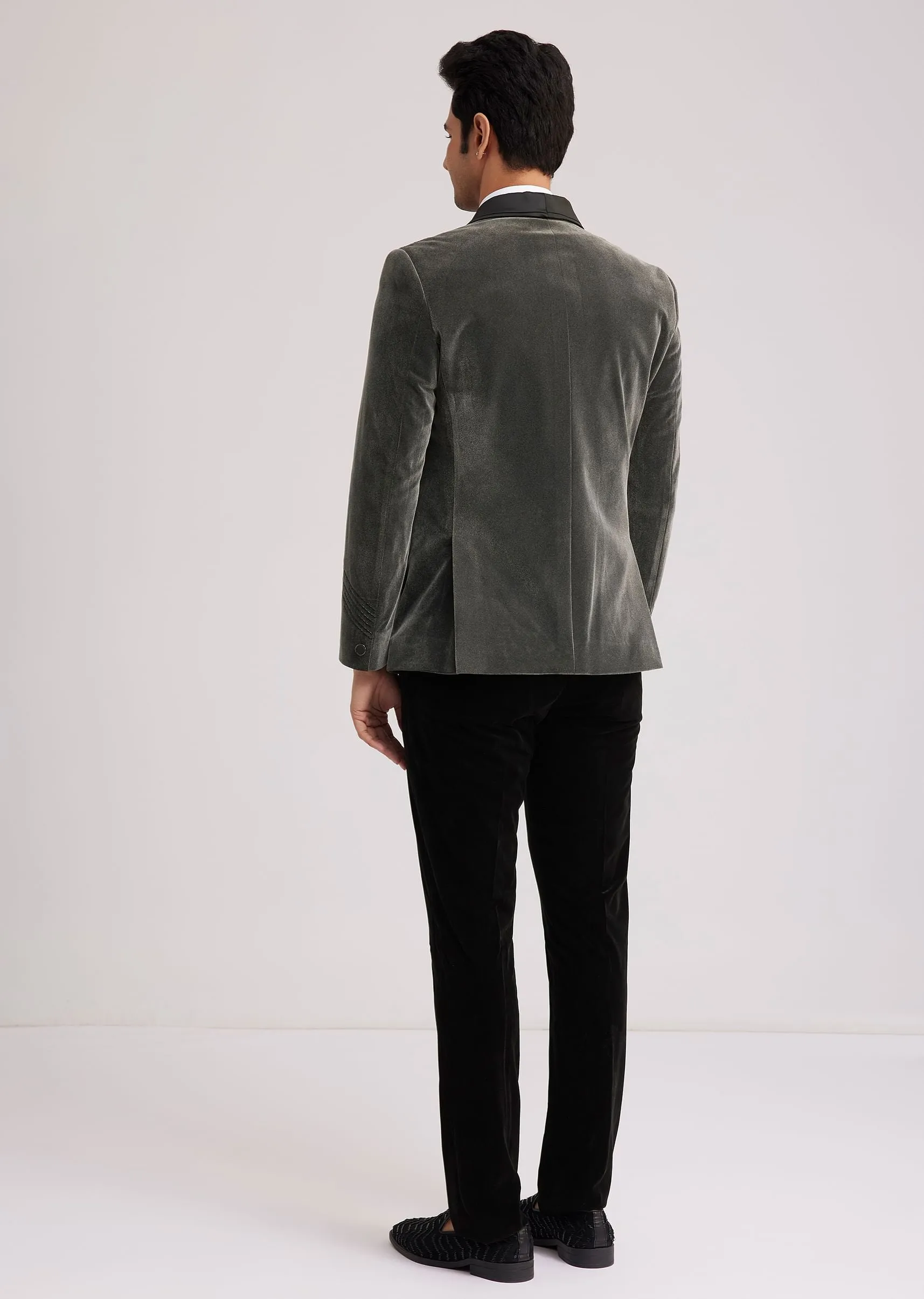 Grey Velvet Tuxedo With Satin Layered Lapel And Cut Dana Work