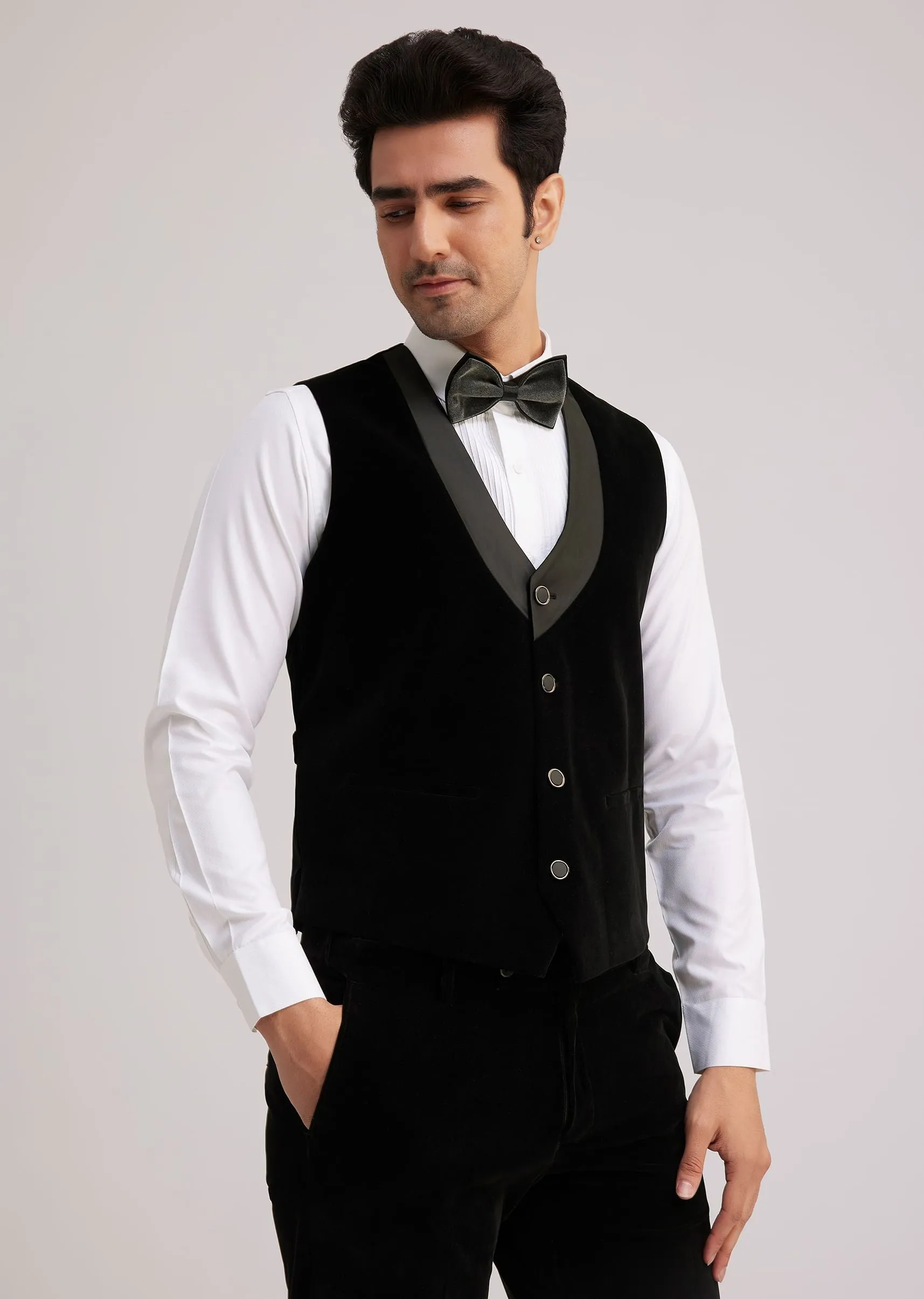 Grey Velvet Tuxedo With Satin Layered Lapel And Cut Dana Work