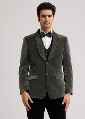 Grey Velvet Tuxedo With Satin Layered Lapel And Cut Dana Work