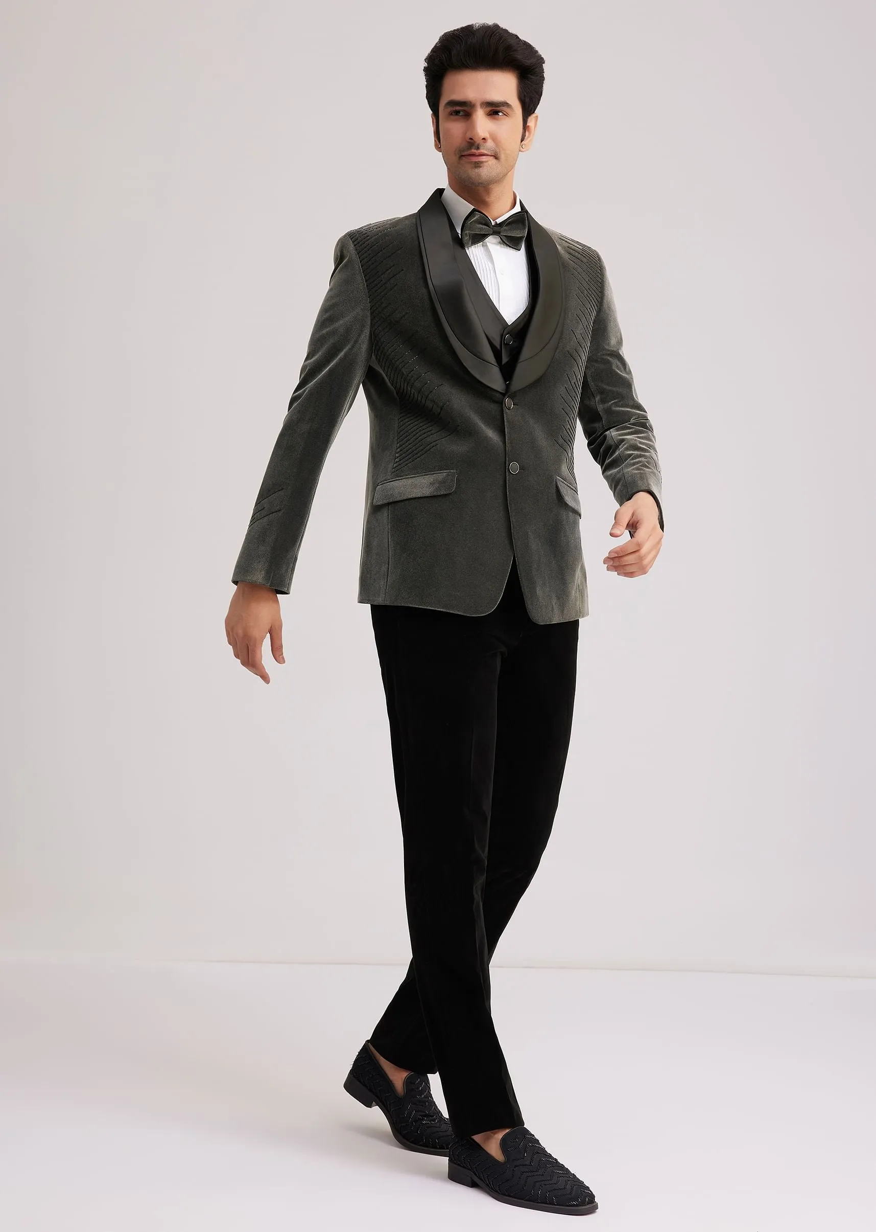 Grey Velvet Tuxedo With Satin Layered Lapel And Cut Dana Work
